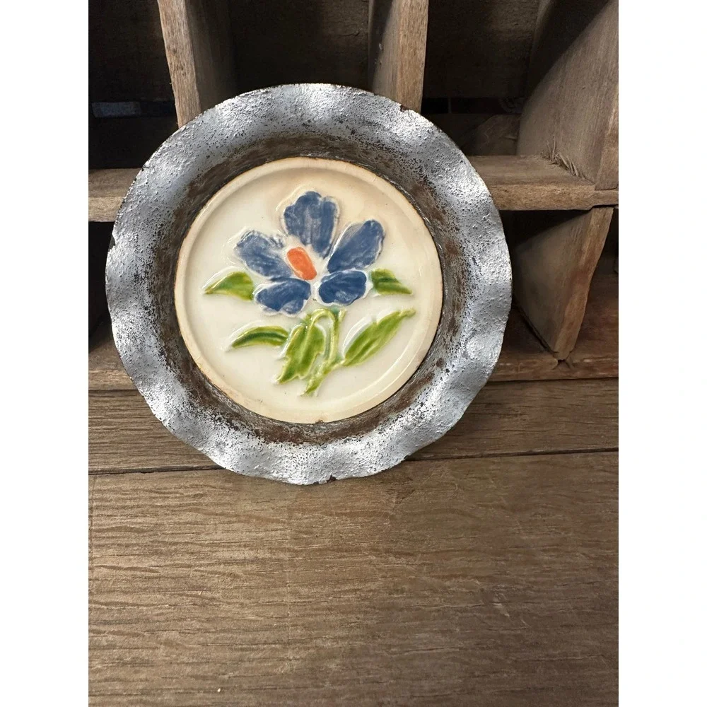 Vintage Hand Painted Ceramic Trinket Dish with fluted metal rim and feet